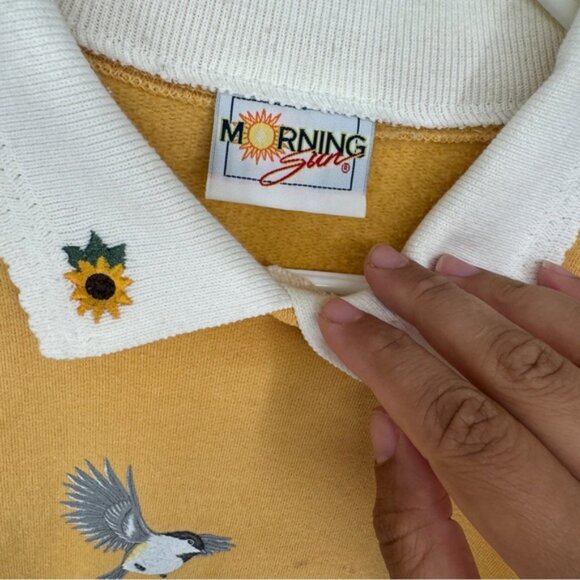 Vintage Morning Sun sunflower floral bird collared pullover sweatshirt - Picture 4 of 10